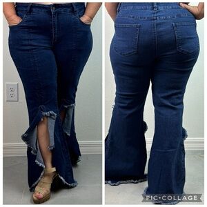 VENUS stretch dark blue high ruffle slit leg 5 pocket flared fitted denim Jeans